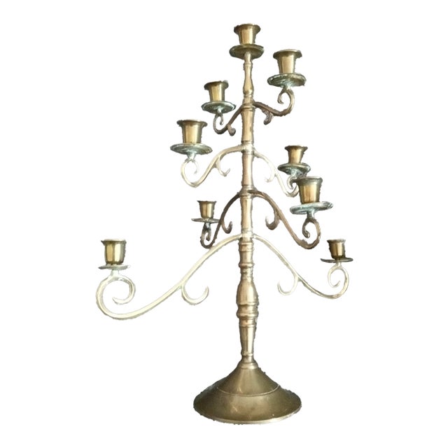 1920s Art Noveau Solid Brass Multi Tiered Candelabra W/ 9 Holders For Sale