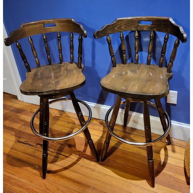 Pair of Vintage 1970s Oak Bar Height Swivel Captain's Stools Chairish