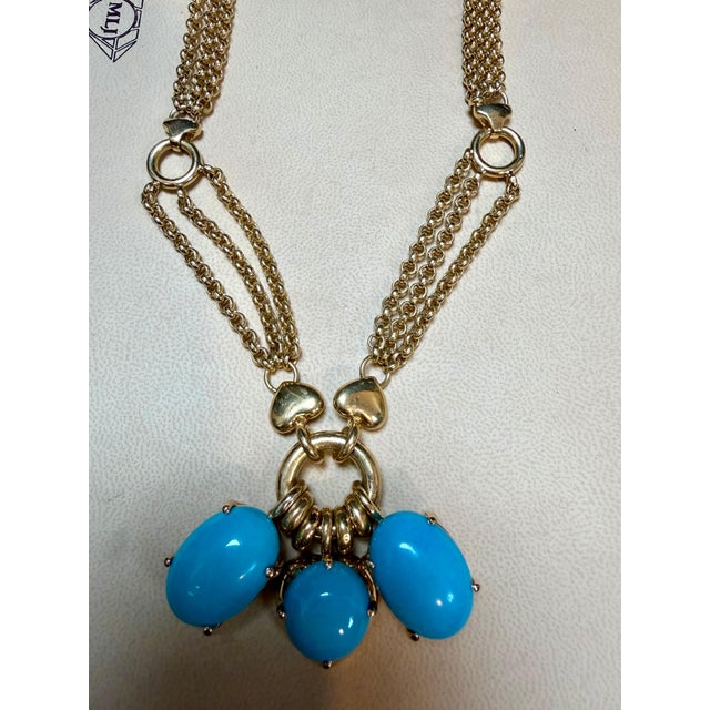 Blue 60 Ct Natural Sleeping Beauty Turquoise Necklace, Three Charm 18 Kt Gold For Sale - Image 8 of 8