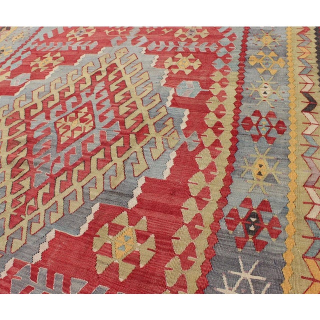 Mid 20th Century Vintage Turkish Kilim Flat-Weave Rug With Geometric Design in Red, Yellow, Green For Sale - Image 5 of 12