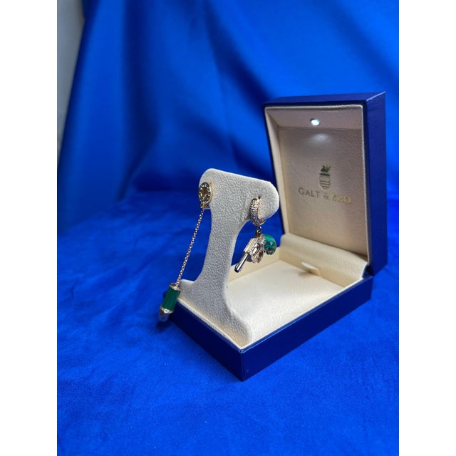 White Diamond Green Malachite Pave Bullet 18 Karat Rose Gold Circle Drop Chain Earrings , A Pair For Sale - Image 8 of 13