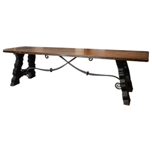 Antique Spanish Wooden Dining Table with Hand-Forged Iron Support