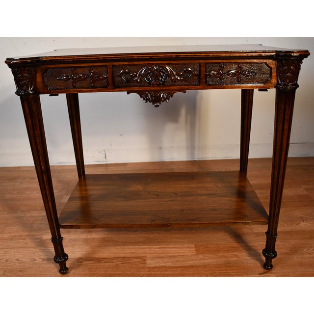 1930s French Louis XVI Carved Walnut & Satinwood Inlay Sofa Table / Side Table For Sale - Image 6 of 12