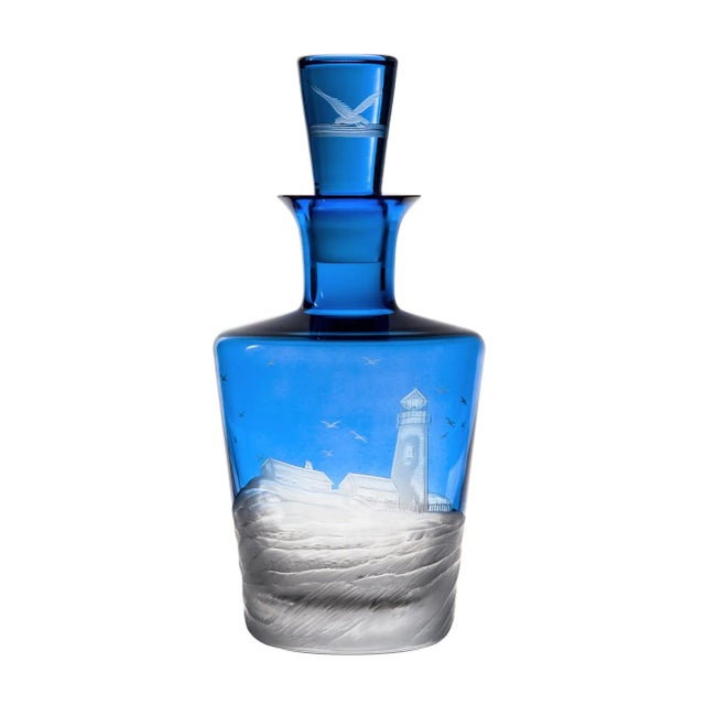 Nautical ARTEL Golden Age of Yachting Collection Lighthouse Barware Decanter in Blue For Sale - Image 3 of 3