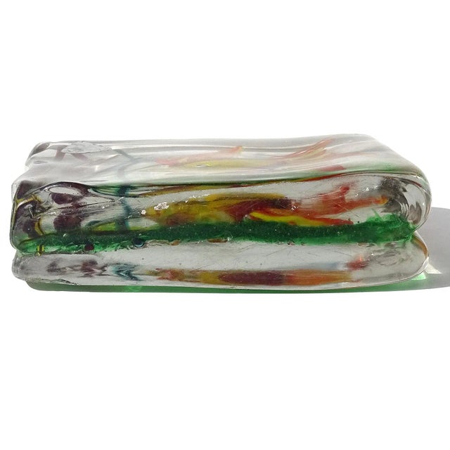 Vintage Murano Yellow Orange Silver Flecks Fish Italian Art Glass Mid Century Aquarium Block Sculpture For Sale In Orlando - Image 6 of 8
