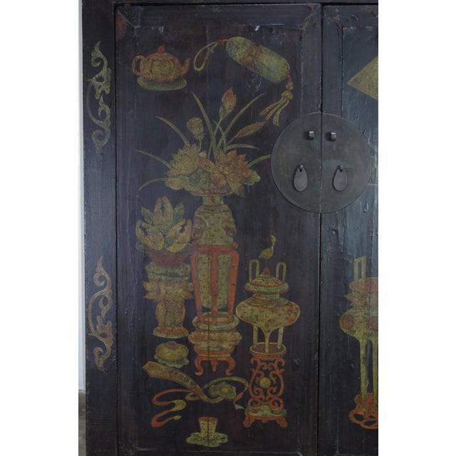 Late 19th Century Hand Painted Flower 2 Panel Doors Antique Chinese Cabinet For Sale - Image 5 of 16