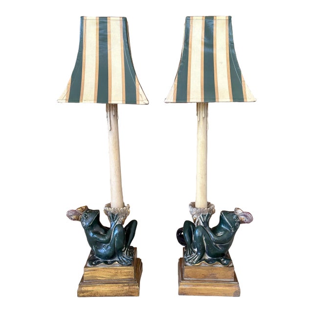 Vintage Whimsical Sculptural Cast Resin Frog Candlestick Table Lamps-Pair For Sale