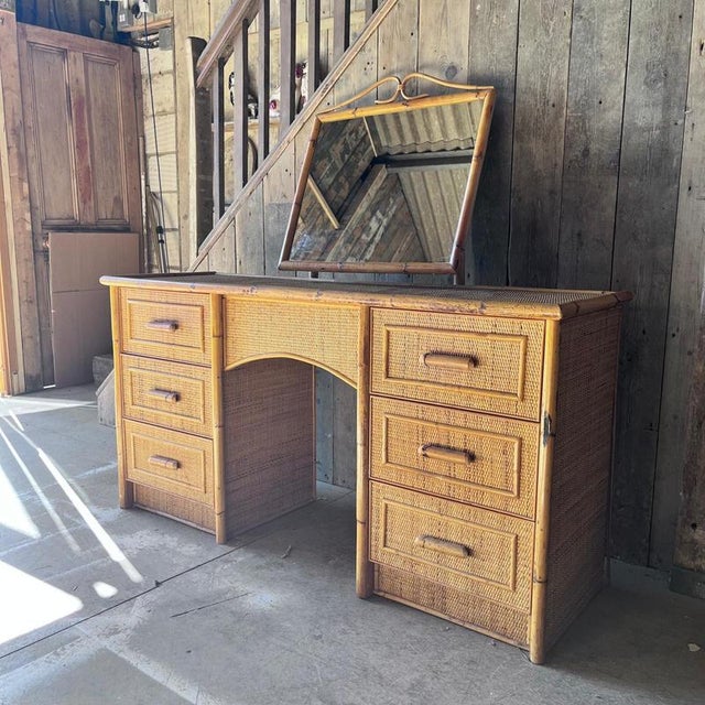 Wood Cane and Bamboo Dressing Table with Tilting Mirror For Sale - Image 7 of 8
