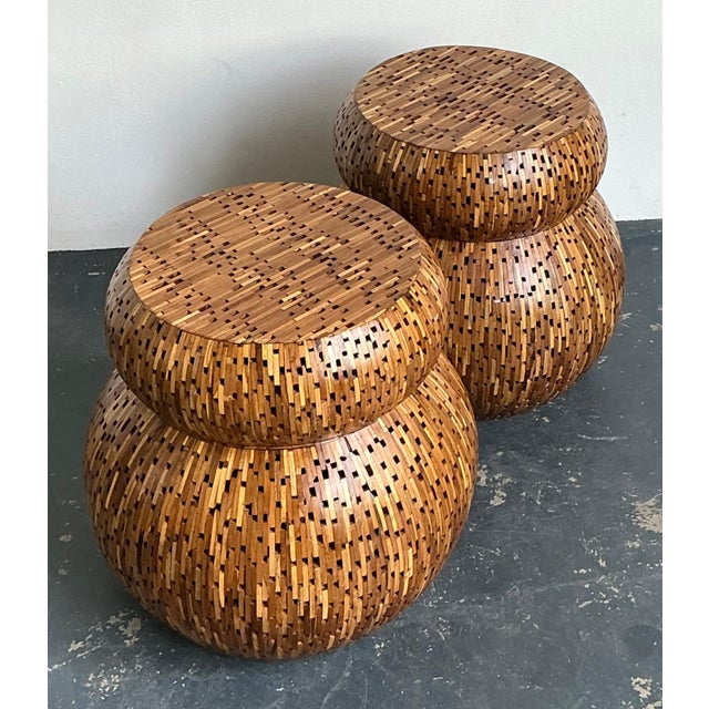 Vintage Wood Mosaic Low Stools - A Pair For Sale - Image 17 of 18
