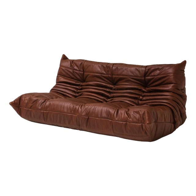 Togo Three-Seater Sofa in Cognac Leather by Michel Ducaroy for Ligne Roset, France For Sale