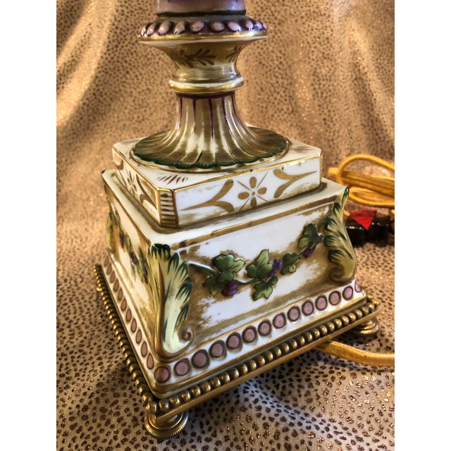 Cream Vintage Italian Porcelain Figural Hand Painted Gilt Table Lamp With Shade For Sale - Image 8 of 13