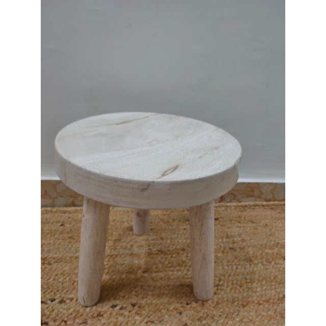 Wooden Mid Century Small Solid Wood Milking Stool in Distress Finish For Sale - Image 4 of 8