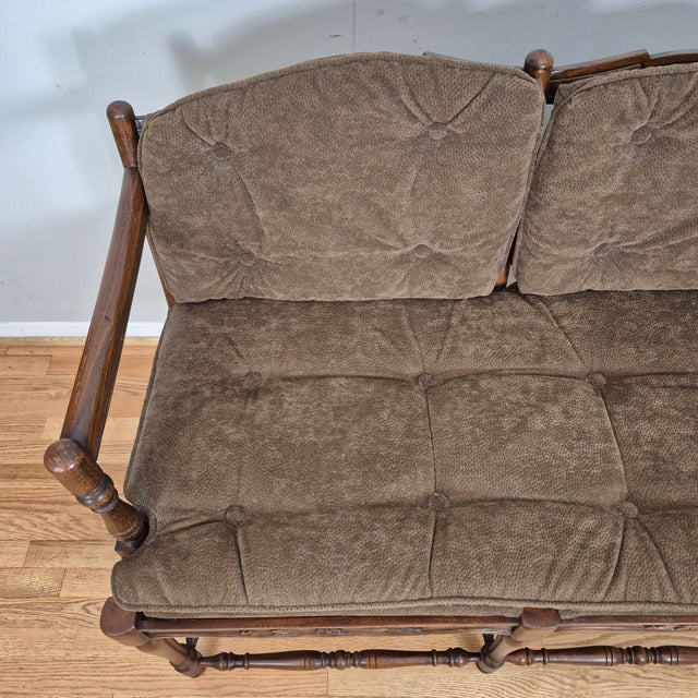 French Country Mid 20th Century French Country Petite Walnut Ladder Back Settee Bench W/ Brown Faux Suede Cushions For Sale - Image 3 of 12