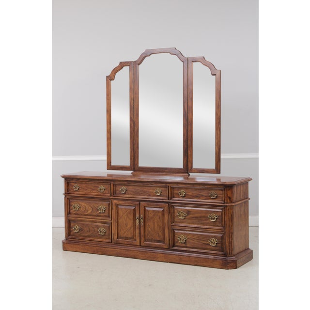 Traditional Thomasville Oak Long Dresser W. Trifold Mirror For Sale - Image 3 of 18