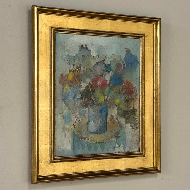 Mid 20th Century Id Century Modernist Floral Still Life Oil Painting by Marcel Mortier in Original Gold Leaf Frame For Sale - Image 5 of 17