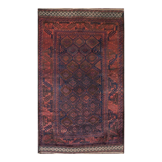 1920s Red-Maroon Diamond Tribal Antique Hand Knotted Baluch-Persian Rug 4'6" X 7'8" Wool Carpet For Sale