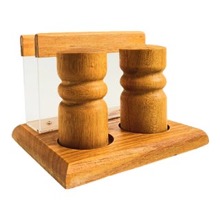 Vintage Wood Salt and Pepper Shaker Set With Lucite Napkin Holder by Baker, Hart & Stuart For Sale