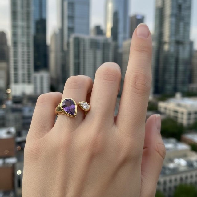 Metal Toi Et Moi Gemstone Ring: Amethyst and Moissanite, Size 7.5 For Sale - Image 7 of 9