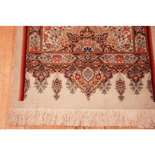 1950s 1950s Fine Silk Pile Floral Vintage Persian Qum Short Runner Rug For Sale - Image 5 of 8
