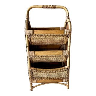 Mid 20th-Century Stylishly Functional Bamboo & Rattan 3-Tier Catchall "Basket" Media Storage Stand For Sale