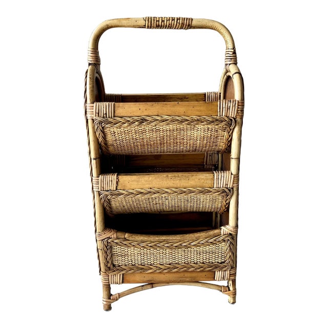 Mid 20th-Century Stylishly Functional Bamboo & Rattan 3-Tier Catchall "Basket" Media Storage Stand For Sale