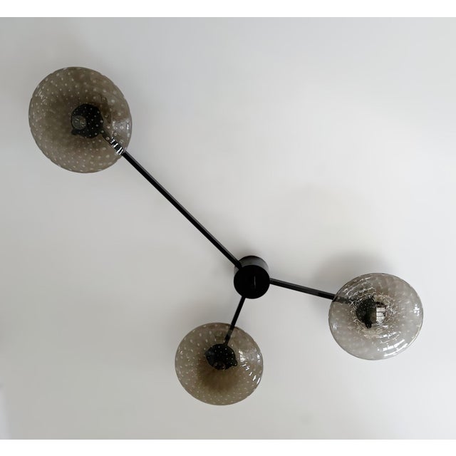 Italian flush mount with three smoky Murano glass shades carefully hand blown with bubbles inside the glass using...