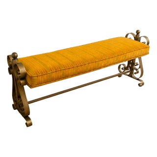 Vintage Hollywood Regency Swirl Craft Gold Metal Bench With Yellow/Gold Upholstery For Sale