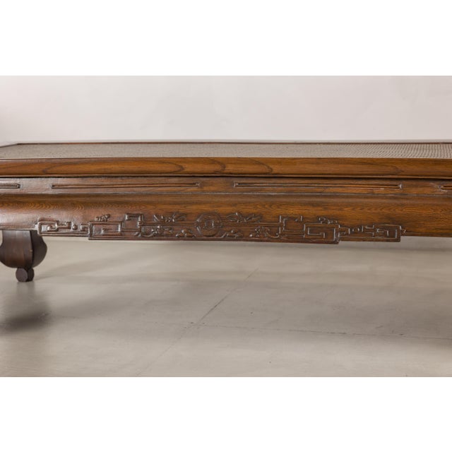 Antique Chinese Elm Opium Bed Coffee Table with Woven Rattan Top and Scroll Legs For Sale - Image 18 of 18
