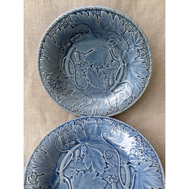 Vintage set of 6 blue vine and leaf Bordallo Pinheiro plates. Made in Portugal. Stamped on the bottom. Plates measure 7...