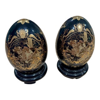 Pair of Vintage Satsuma Style Decorative Porcelain Eggs With Wooden Stands – Black & Gold Greek Neoclassical (Chinese Reproduction) For Sale