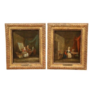 Pair of 18th Century French Genre Paintings in Carved Gilt Frames For Sale