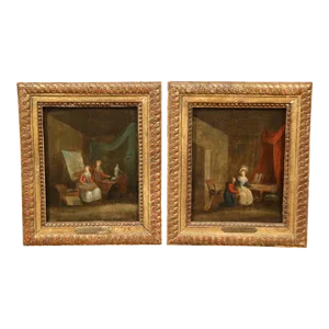 Pair of 18th Century French Genre Paintings in Carved Gilt Frames