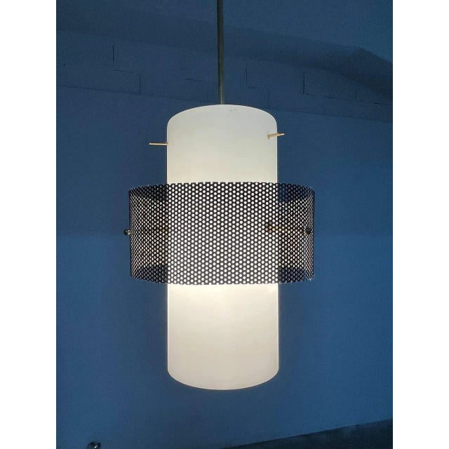 Stilux chandelier, 1950s stilux chandelier with brass frame, perfectly intact cylindrical satin-finish glass diffuser, and...