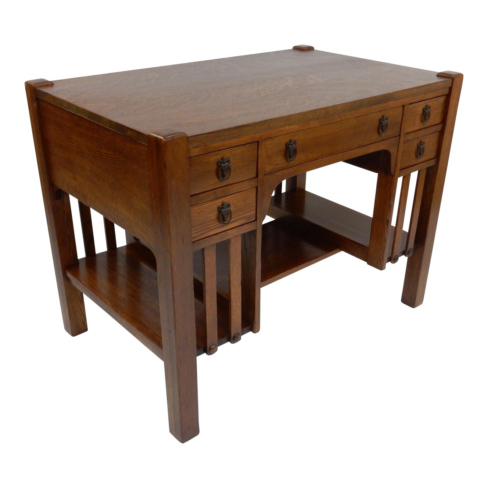 Antique Mission Arts & Crafts Oak Library Desk 38", Signed Bourn Hadley