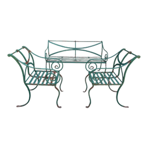 Vintage Hand Forged Scrolled Iron Outdoor Bench and Chair Set- A Set of 3