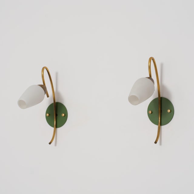 Italian Brass and Green Lacquered and Opaline Glass Wall Sconces, 1950s, Set of 2 For Sale - Image 10 of 16