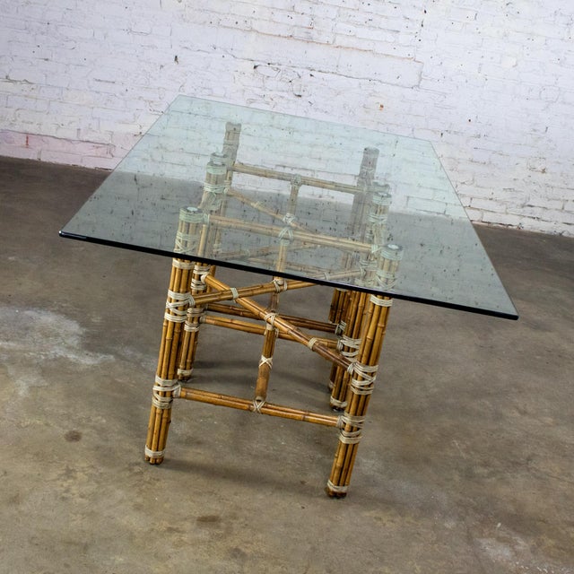 Late 20th Century Campaign Style Double Pedestal Dining Table by McGuire Bamboo Bases & Glass Top For Sale - Image 6 of 18