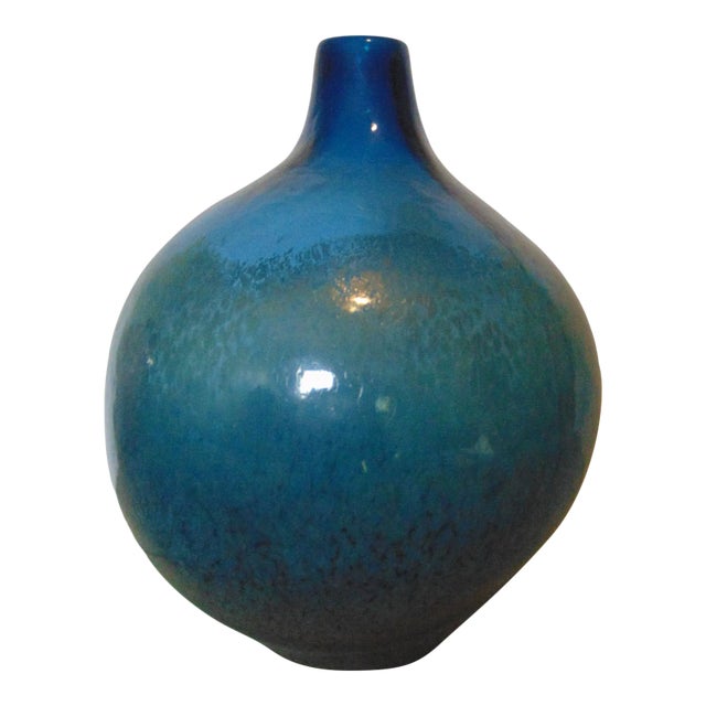 Mid-Century Bulbous Blue Art Glass Vase For Sale