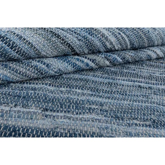 Boho Chic Recycled Denim Blue Hand Woven Cotton Boho Rug For Sale - Image 3 of 10