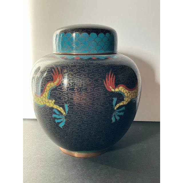Black Vintage Chinese Cloisonné Dragon Ginger Jar W/ Lid, Decorative Collectible Vase For Sale - Image 8 of 12