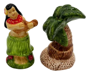 1980's Hula Girl & Palm Tree Ceramic Tabletop Matching Salt & Pepper Shaker Set