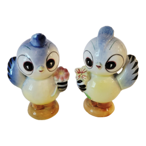 Vintage Enesco Mid-Century, Modern Salt and Pepper Shakers, Anthropomorphic Bluebirds - a Pair