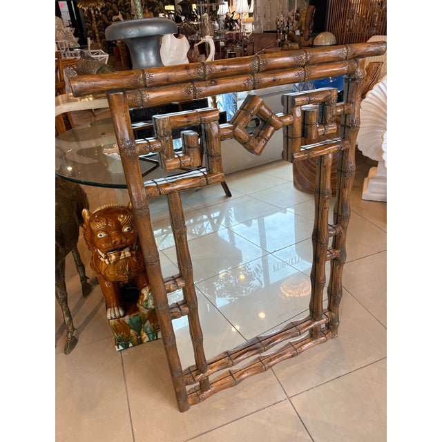 Glass Vintage Palm Beach Coastal Faux Bamboo Pagoda Greek Key Wall Mirror For Sale - Image 7 of 10