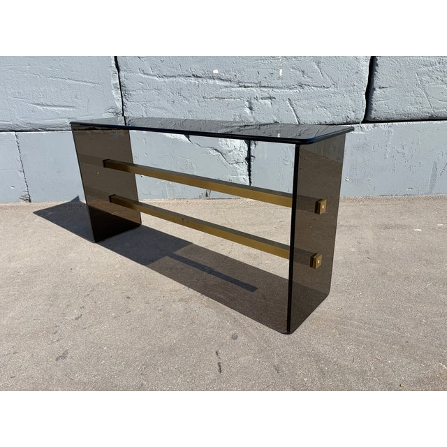 1970s Mid Century Modern Dark Glass and Brass Console Table, Sofa Table For Sale - Image 13 of 16