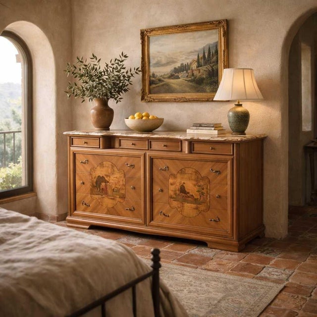 Late 20th Century Postmodern Lacquer Dresser With Faux Marble Top and Neoclassical Inlays For Sale In Los Angeles - Image 6 of 18