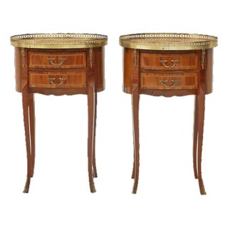 Pair of French Louis XVI-Style Marquetry Bedside Tables With Brass Gallery For Sale