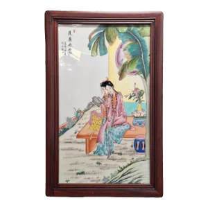 Large Chinese Framed Porcelain Plaque of a Garden Scene