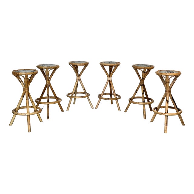 Vintage Bamboo Stools, 1970s, Set of 6 For Sale