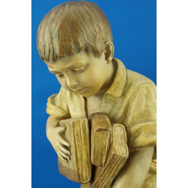 19th Century Terracotta Sculpture Child with Books by Otto Petri for Goldscheider, Austria, 1800s For Sale - Image 10 of 18