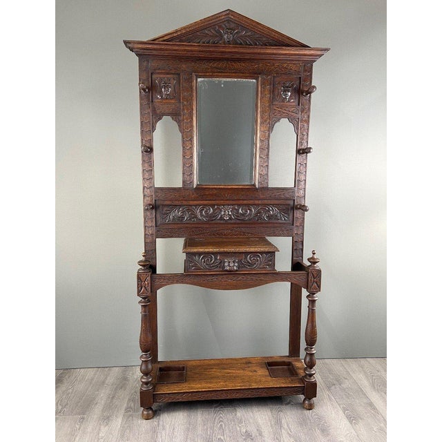 19th Century Neo-Gothic Carved Oak Coat Rack For Sale - Image 3 of 9